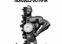 Poster of the Hercules Olympia Hungary spring 2025 with the image of a man bodybuilder and the skyline of the city of Budapest