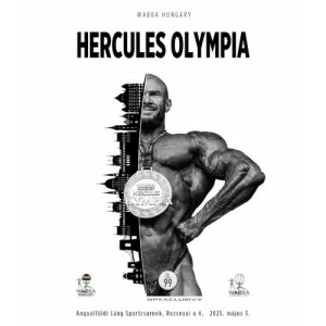 Poster of the Hercules Olympia Hungary spring 2025 with the image of a man bodybuilder and the skyline of the city of Budapest
